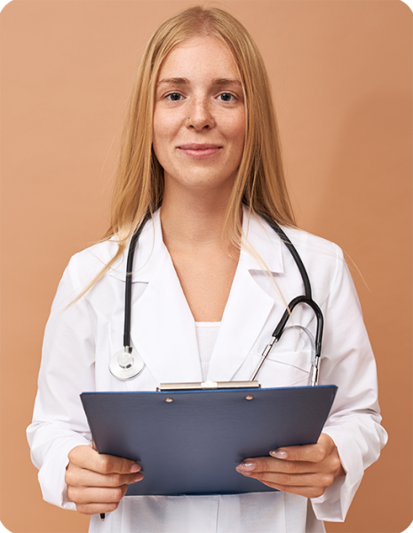 young-female-practitioner-white-surgical-coat-holding-clipboard